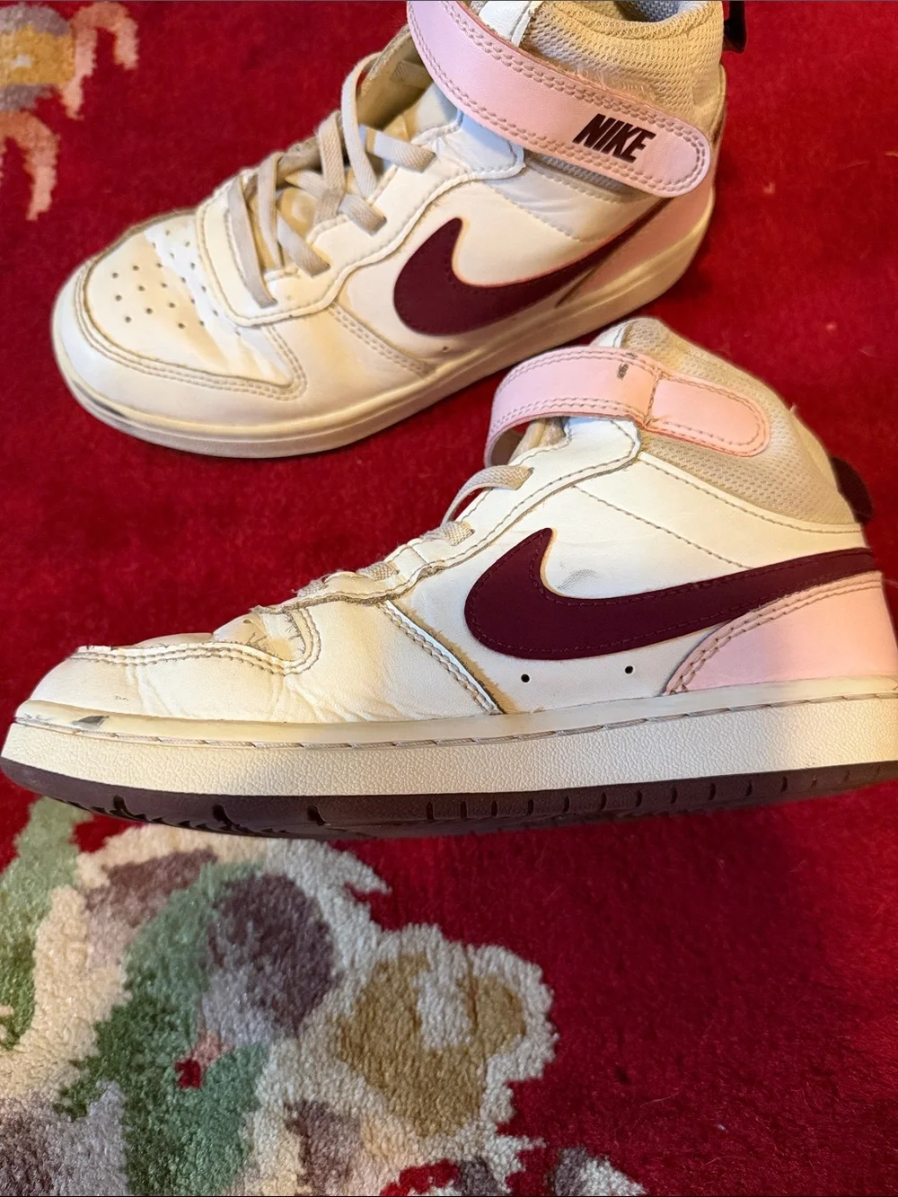 Nike Kids White and Maroon High-Top Sneakers with Pink Strap